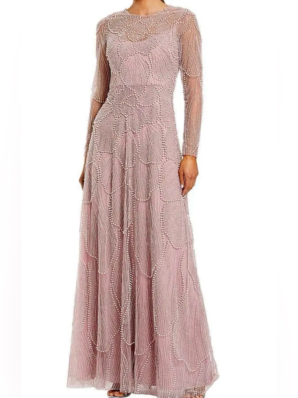 Mac Duggal Blush Pink Long-Sleeve Beaded Evening Gown